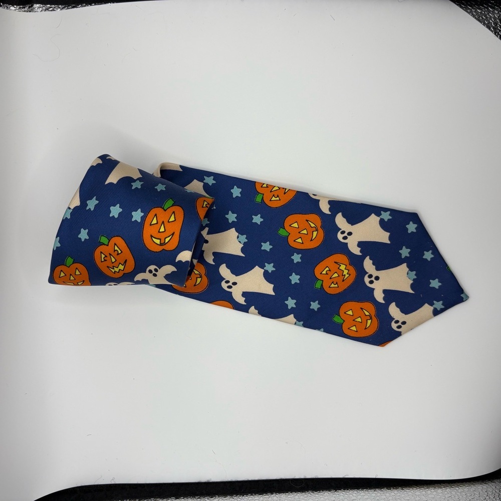 Lillian Vernon Necktie  Size 56in Blue Novelty Halloween Ghost Pumpkin Spooky - Picture 3 of 4